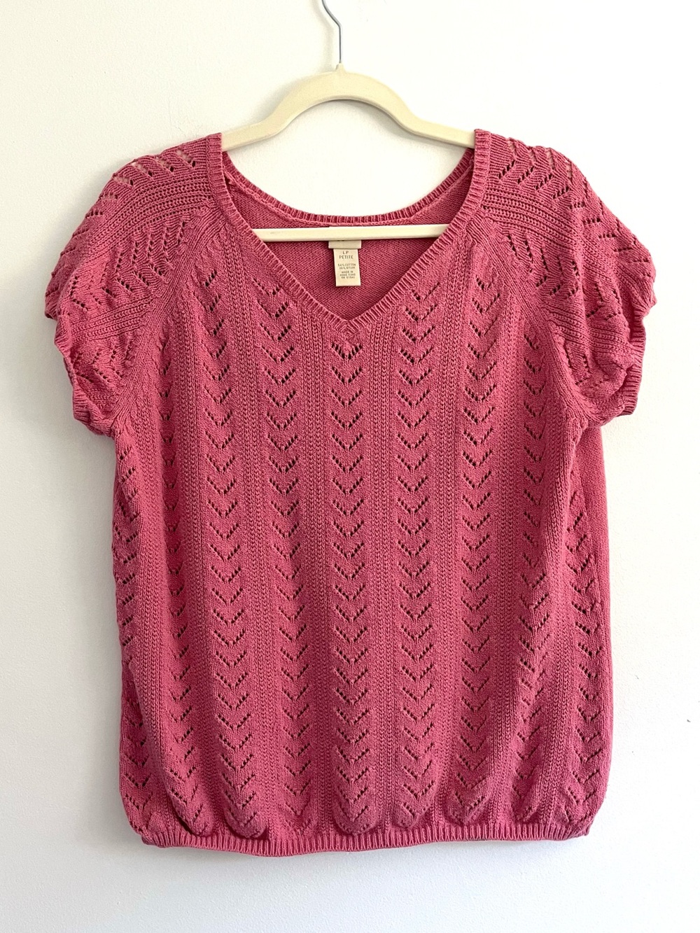 Vintage J. Jill Rose Pink V‑Neck Eyelet Knit Top Cottagecore Colorful Grandma LP